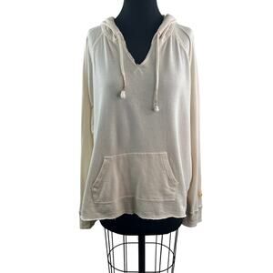 FAHERTY Beige Hoodie Cotton Embroidered Split Hood Raglan Sleeve Pullover Size L